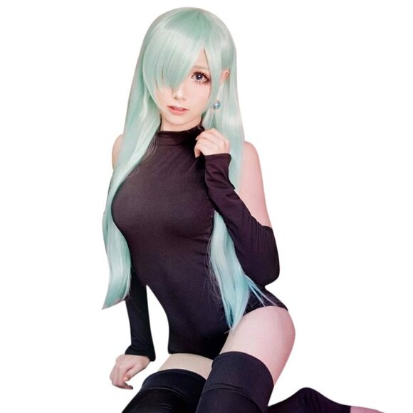 ? Women Green Long Cosplay Wig Mint Striaght Halloween Costume Party Hair Cap main image 5